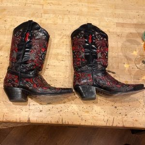 Black and red Bodacious Boot Company handmade cowboy boots